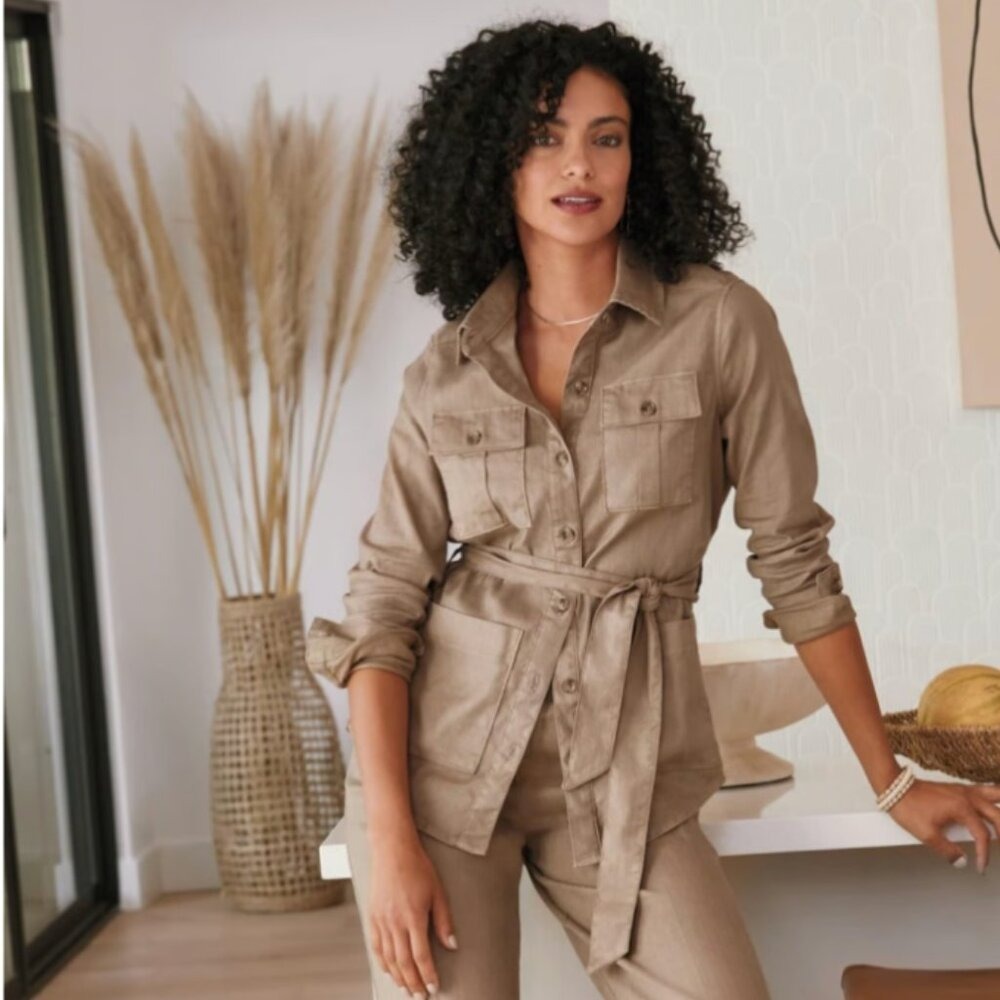 Evereve Level 99 Emme Belted Linen Blend‎ Utility Jacket Size L in Sandcastle